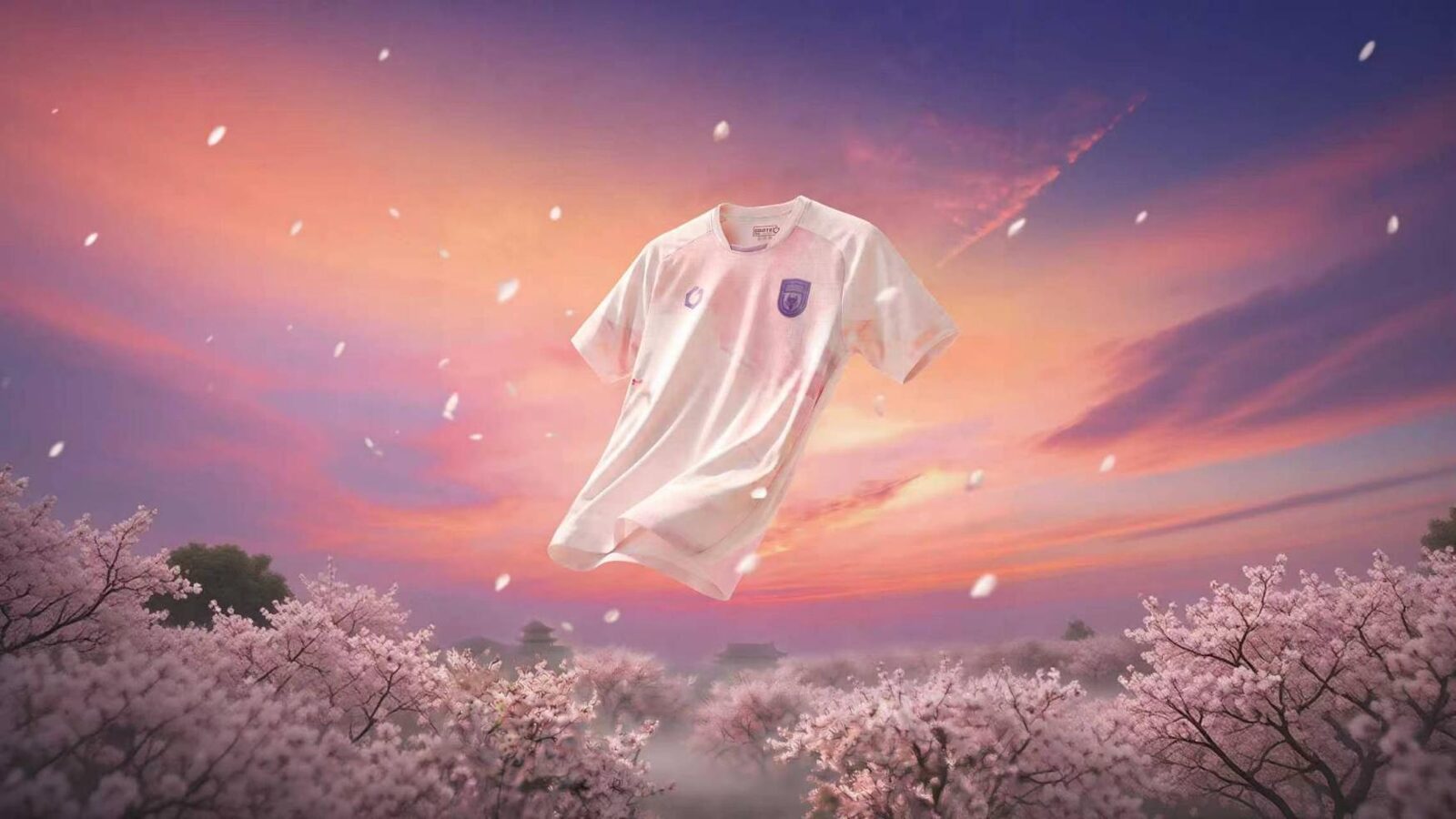 Pink cherry blossom away shirt floating above a sunset sky